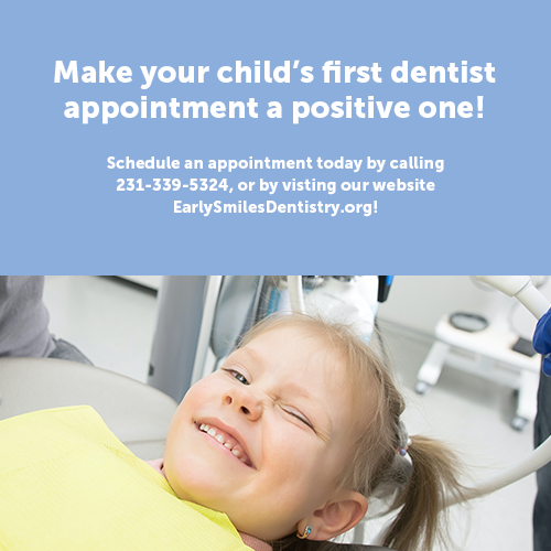 This is the twitter post that appears on the full version of the 
			twitter feed mockup. The top half of the image reads: Make your child's first dentist 
			appointment a positive one! Schedule an appointment today by 
			calling 231-339-5324, or by visiting our wesite EarlySmilesDentistry.org!
			
			All of the aforementioned text is center, with, Make your child's first dentist 
			appointment a positive one! being larger compared to the rest of the text 
			below it.
			
			The bottom half of the image shows a young child lying down in a dentist's 
			office while smiling.